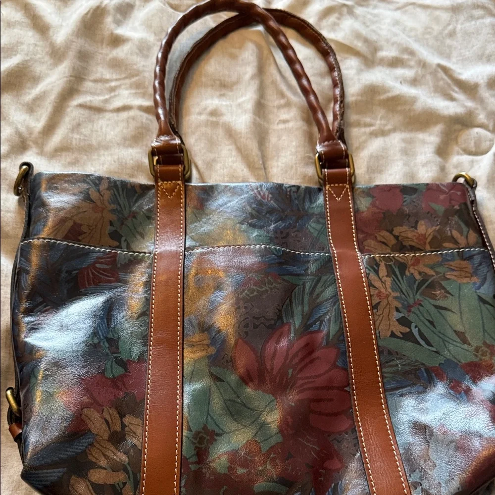 Patricia Nash Floral Leather Tote in Brown and Blue - Picture 2 of 4
